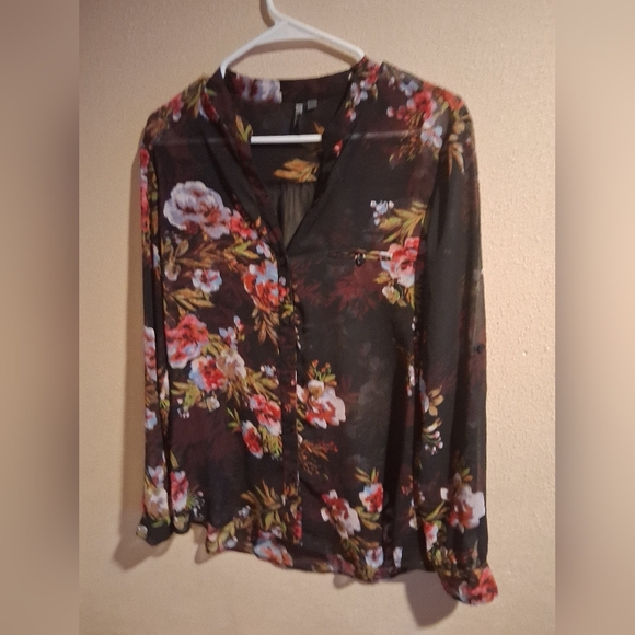 Kut From The Kloth Blouse Black Floral Sheer Faux Wrap Roll Sleeves M - Picture 2 of 6